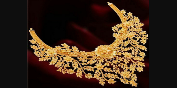 Indian Traditional Gold Jewelry - Necklace Isolated On Black Background.