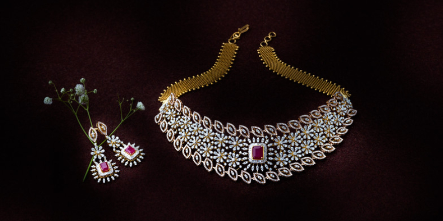 A Beautiful Attractive Diamond Necklace & Earring Isolated On A Black Background.